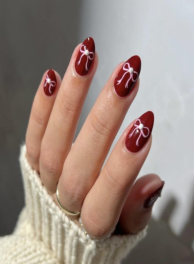 OSTTMA 24Pcs Cute Bow Press on Nails Almond Medium Fake Nails Wine Red Bow Nail Art Designs 3D Pearl Acrylic False Nail Full Cover Shiny Glue on Nails for Women Manicure Accessories - Image 1